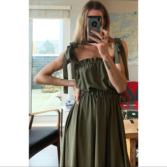 Handmade Custom Rust Clay Olive Green and Red Midi Tie Strap Rayon Ruffle Dress - Picture 8 of 16